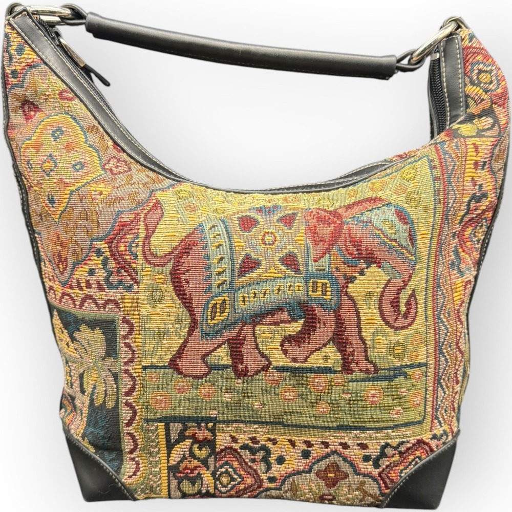 Elephant Tapestry Hobo Shoulder Bag Black Bonded Leather Trim Boho Woven Purse